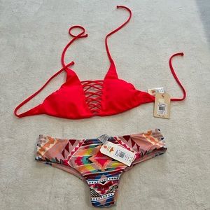 Red and Multicolor Bikini Set